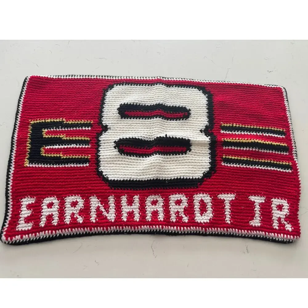 Handmade chunky crochet Dale Earnhardt Jr pillowcase vtg red white black racing